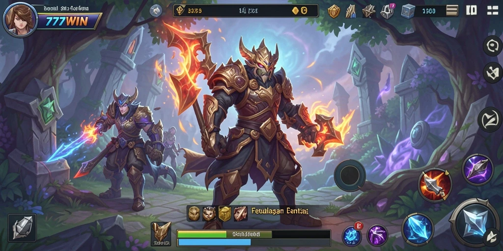 Tampilan gameplay <strong>777WIN</strong> yang menegangkan dengan karakter beraksi di medan pertempuran.
