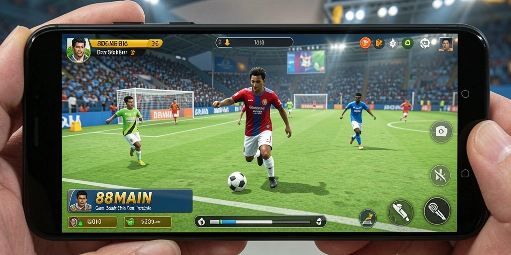 Screenshot utama 88MAIN menampilkan aksi seru pertandingan sepak bola.