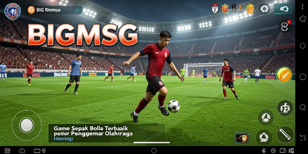 Screenshot utama BIGMSG menunjukkan aksi seru dalam pertandingan sepak bola.