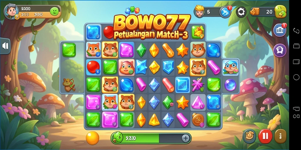 Screenshot gameplay BOWO77 menampilkan level menantang dalam permainan Match-3.