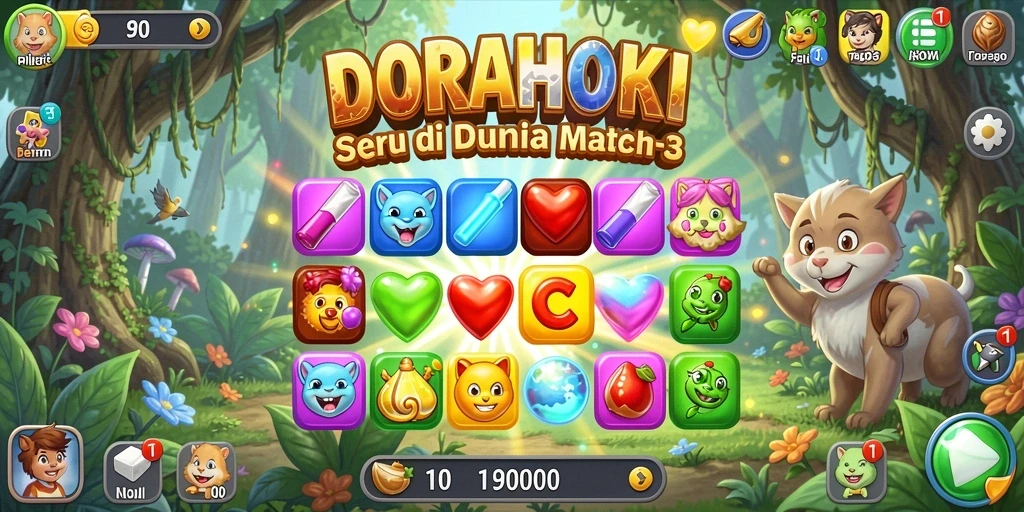 Tampilan gameplay DORAHOKI dengan aksi mencocokkan permata yang memukau
