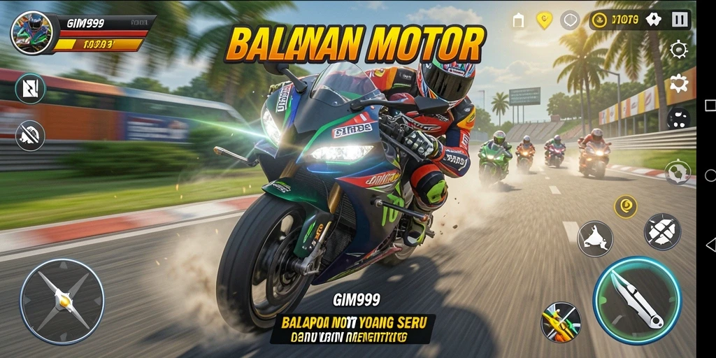 Tampilan gameplay GIM999 dengan aksi balapan motor yang mendebarkan.