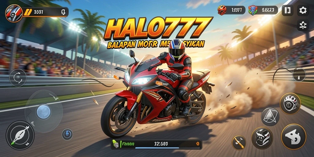 Screenshot gameplay HALO777 yang menunjukkan balapan seru dan motor cepat.