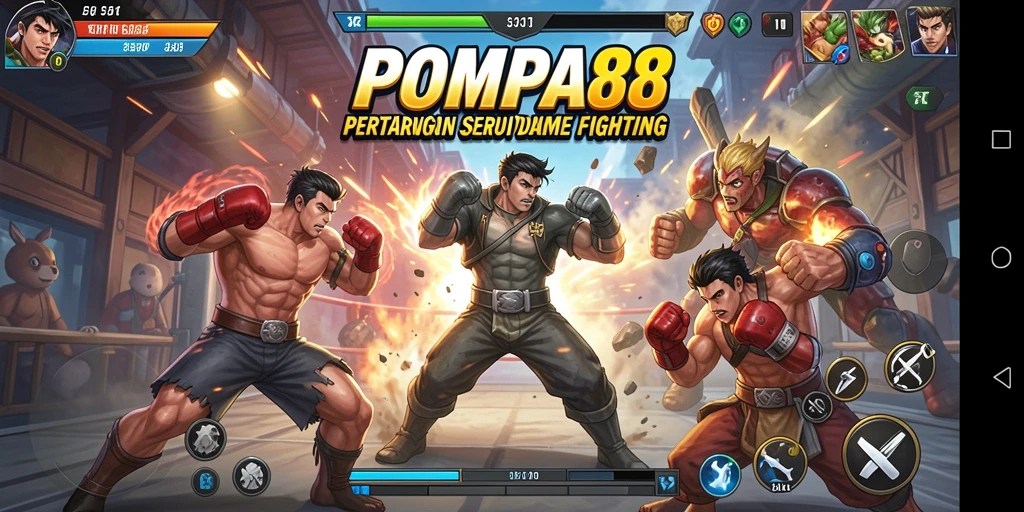 Tampilan gameplay POMPA88 dengan karakter bertarung di arena.