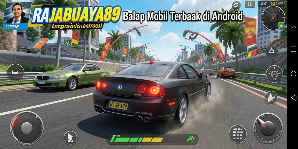 Gameplay menarik dari RAJABUAYA89 yang menampilkan mobil balap di lintasan.